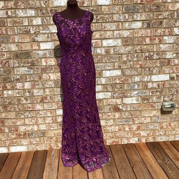 Alex Evenings Two Piece Embroidered Tulle Sleeveless Gown with Shawl Plum Sz 8 - Picture 5 of 12